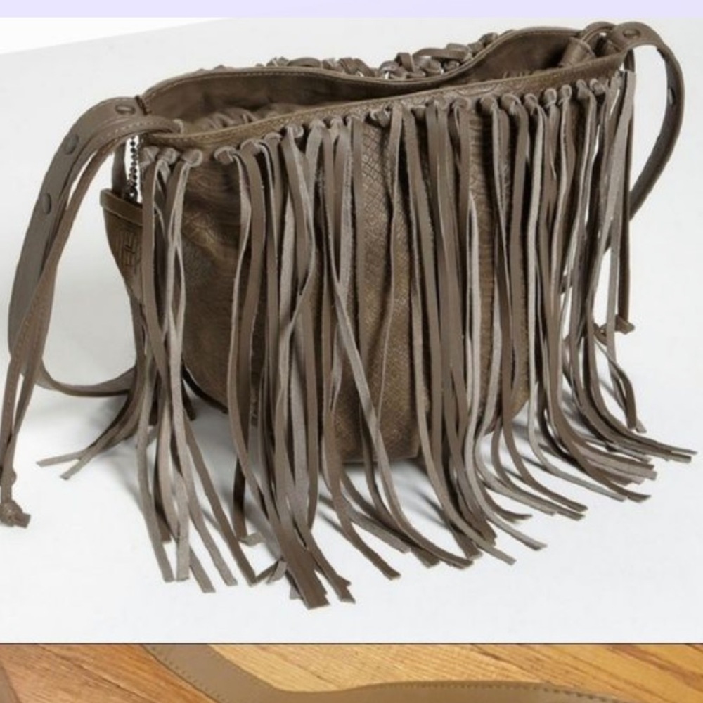 House of Harlow 1960 Skylar Fringe bucket olive grey leather bag